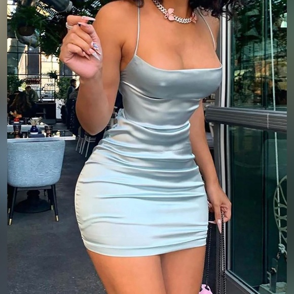 FASHION NOVA: Take Me Higher Satin Mini Dress - Sage - Picture 4 of 10